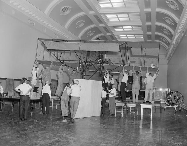 Positioning the Duigan Biplane, Science Museum, Melbourne, 18 March 1970