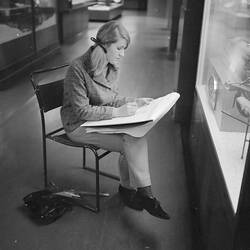 Art student from R.M.I.T. in Queen's Hall, Institute of Applied Science (Science Museum), Melbourne, 1968