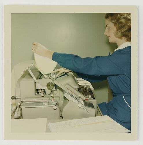 Slide 119, Worker Operating Flexowriter Accounting Machine, Kodak Factory, Coburg, 'Extra Prints of Coburg Lecture' album, circa 1960s