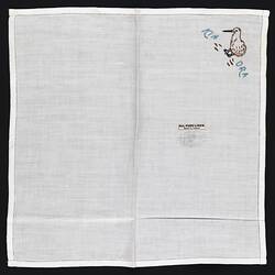 Unfolded handkerchief with embroidered kiwi bird.