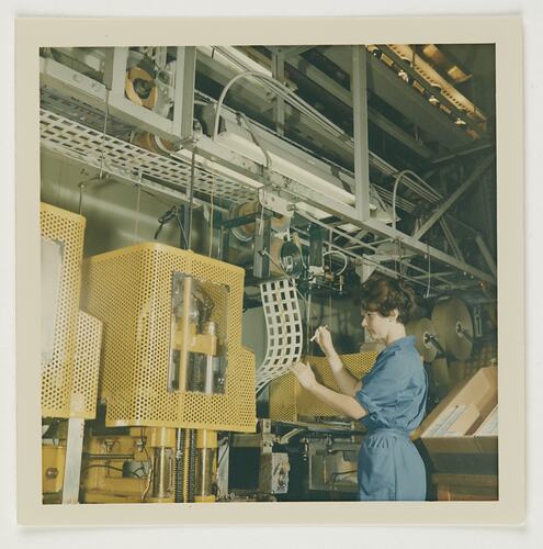 Slide 215, 'Extra Prints of Coburg Lecture', Worker Operating Cardboard Ready-Mount Machine, Kodak Factory, Coburg, circa 1960s