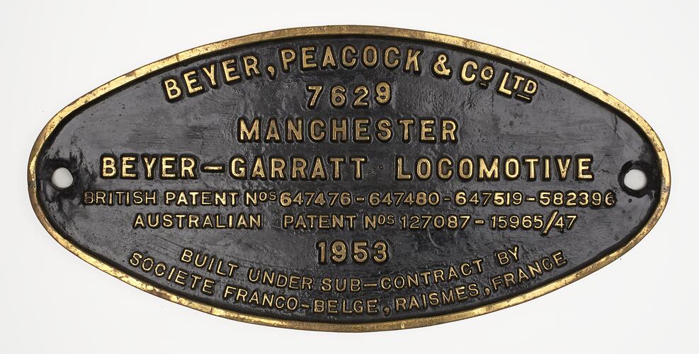 Locomotive Builders Plate - Beyer Peacock & Co. Ltd., Under Sub-Contract by Soci?t? Franco-Belge, France, 1953
