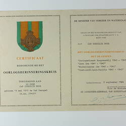 Certificate - World War II Remembrance Cross Award, Netherlands, 2 Sep 1964