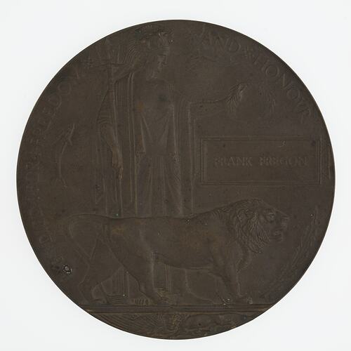 Plaque - Next of Kin Memorial Plaque, World War I, Great Britain, Private Frank Fregon, 1919 - Obverse