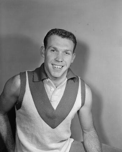 Footballer Bob Skilton posing in South Melbourne Football jumper.