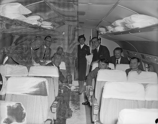 Ansett-ANA, Passengers and Flight Attendant on Board an Aircraft, Essendon Airport, Victoria, Nov 1958