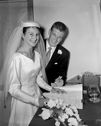 Bride and Groom Signing Certificate of Marriage, Box Hill, Victoria, Dec 1958