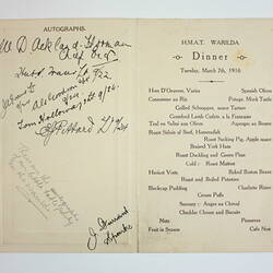 Menu - HMAT Warilda, Farewell Dinner, World War I, 7 Mar 1916