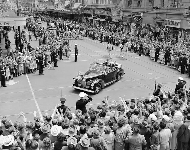 The Duke of Edinburgh in Olympic Parade, Bourke Street, Melbourne, Victoria, 1956