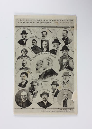 Front of postcard depicting portraits of men.