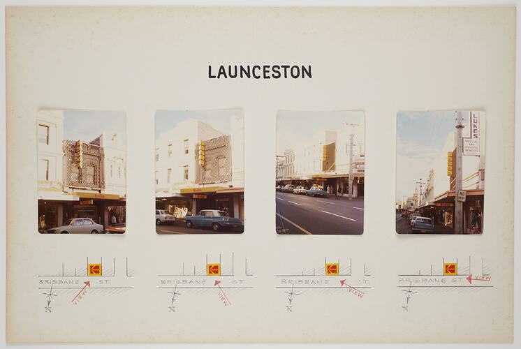 Four photos of building exteriors affixed to white card. Street location sketched below each.