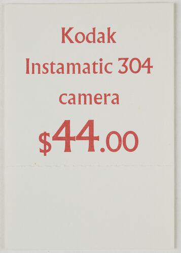 Price Ticket - Kodak Australasia Pty Ltd, Instamatic 304 Camera, Australia, circa 1965
