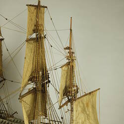 Wooden ship with three masts, detail of rear masts.
