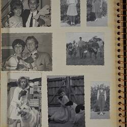 Off white photo album page with eight black and white photographs.