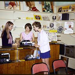 Three women at a retail counter.