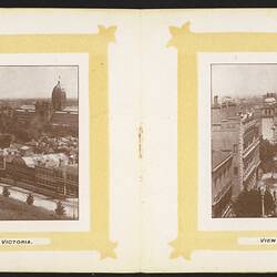 Open booklet, off-white pages. Yellow framed city view on left page and city view on right page.