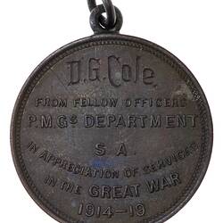 Medal - South Australian Post Master General War Service, 1919 AD