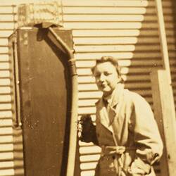 Slide - Mrs Jessie Bull (nee Cameron) at Petrol Pump, Royal Australian Air Force, World War II, 1939-1945