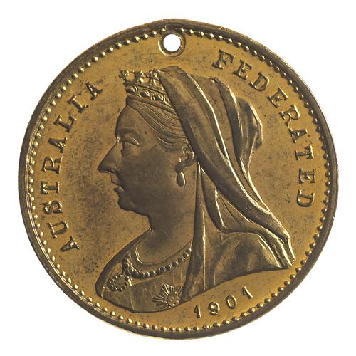 Medal with veiled bust of Queen Victoria facing left, text around.