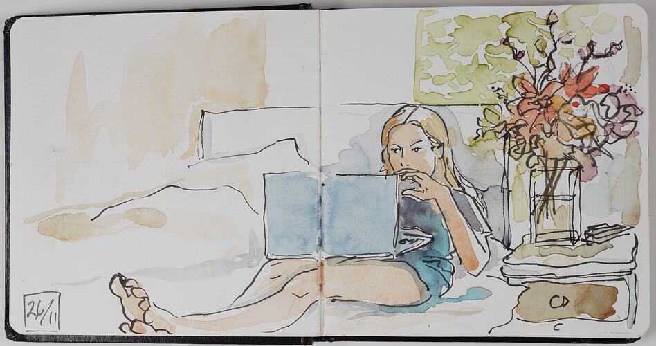 Sketch Of Teenager On Bed With Laptop During COVID-19, Barwon Heads, 26 Nov 2020