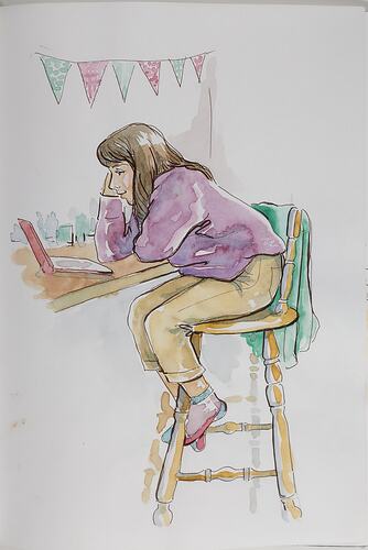 Sketch Of Teenager With Laptop Seated At High Bench During COVID-19, Barwon Heads, 2020