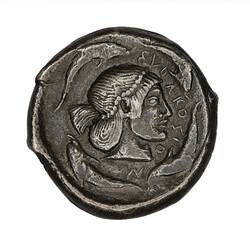 Head of Artemis-Arethusa facing right wearing a diadem of pearls. Four dolphins around edge.