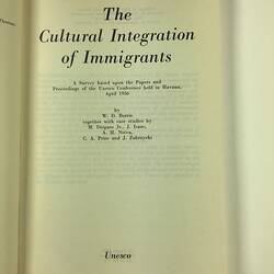 HT 56089, Book - 'The Cultural Integration Of Immigrants', UNESCO Conference, Paris 1959 (MIGRATION), Document, Registered