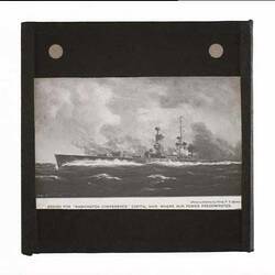 Illustration of a ship of war at sea.
