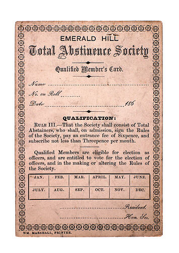 Membership card of the Total Abstinence Society.