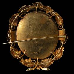 Back of gold oval brooch. Border of vine leaves, grapes at base. Horizontal pin.