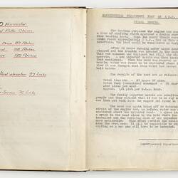 Open book, white pages with handwritten text and drawings of farming equipment.