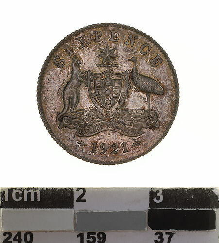 Specimen Coin - Sixpence, Australia, 1921, photographed by Museums Victoria