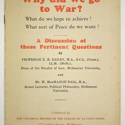 Booklet - 'Why Did We Go To War?', League of Nations Union, 1939