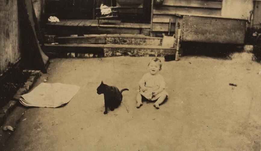 Digital Photograph - Laughing Baby & Cat in Backyard, South Melbourne, circa 1930