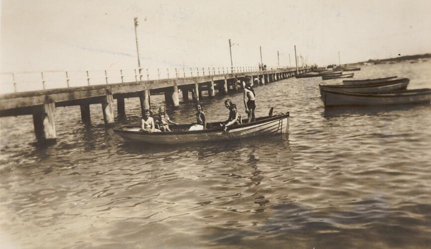 Digital Photograph - Children in Wooden Boat, Moored to Sandringham Pier, late 1930s