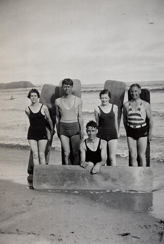 Digital Photograph - Two Girls & Three Men with Home Made Surf Boards, Cowes beach, Phillip Island, 1934