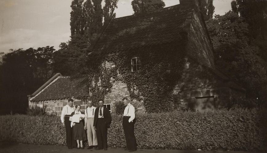 Digital Photograph - Family & Friends with New Baby, Sightseeing at Captain Cooks Cottage, Fitzroy Gardens, 1937