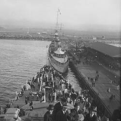 Digital Photograph - View of Crowds & 'HMS Danae' Berthed at Princes Pier, from another ship, Port Melbourne, 1924