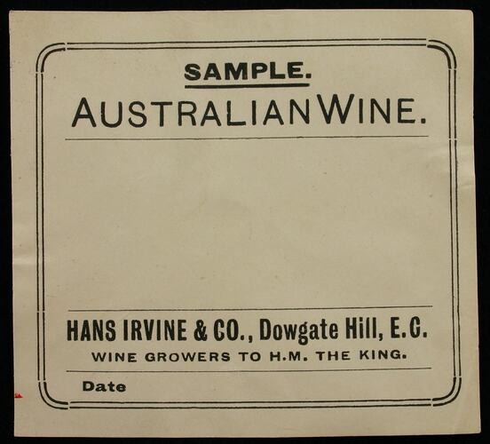 Wine Label - Great Western Winery, Sample Australian Wine, 1908-1918