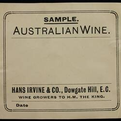 Wine Label - Great Western Winery, Sample Australian Wine, 1908-1918