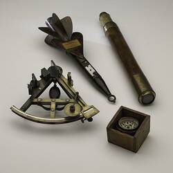 Navigational instruments, sextant, nautical telescope, marine compass and ship's log