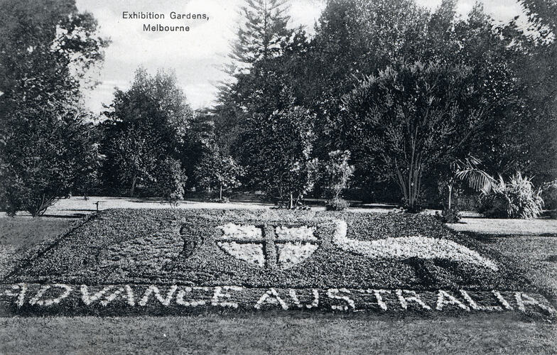 Postcard - 'Advance Australia', Carlton Gardens, Melbourne, circa 1917