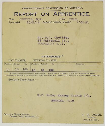 Report - 'Report on Apprentice', P.E. Chettle, Apprenticeship Commission of Victoria, 1942
