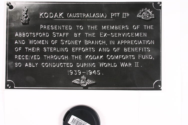 Photograph - Plaque Presented to Abbotsford Staff, Kodak Comforts Fund, World War Two