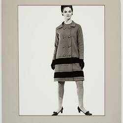 Digital Photograph - Ricardo Knitwear, Female Model Wearing Woollen Coat with Dark Stripes, Melbourne, circa 1968