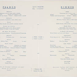 Menu - Italian Lloyd Triestino Line, MN Oceania, Dinner, 5 Jan 1956