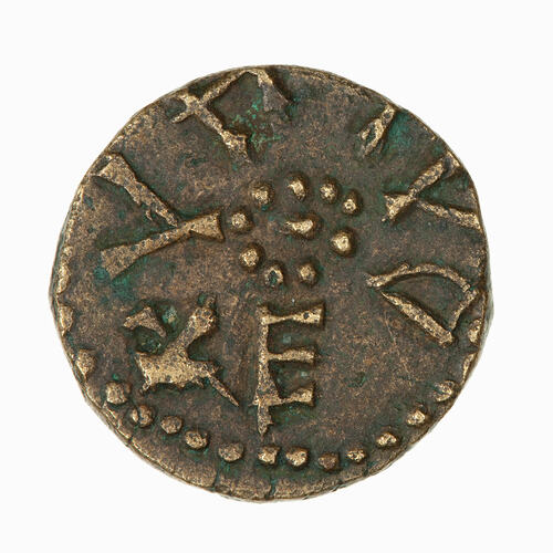Coin, round, legend around a central circle of beads, + EDALHA (retrograde).