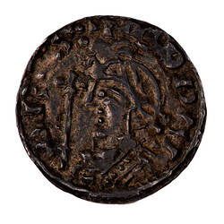Coin, round, Diademmed bust of King Edward facing left with sceptre surmounted by trefoil in front.