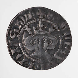 Coin, round, a crowned bust of the King facing; text around, + EDW R ANGL DNS HYB.