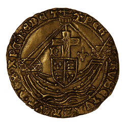 Coin, round, sailing ship bearing a shield quartered with the arms of England and France.